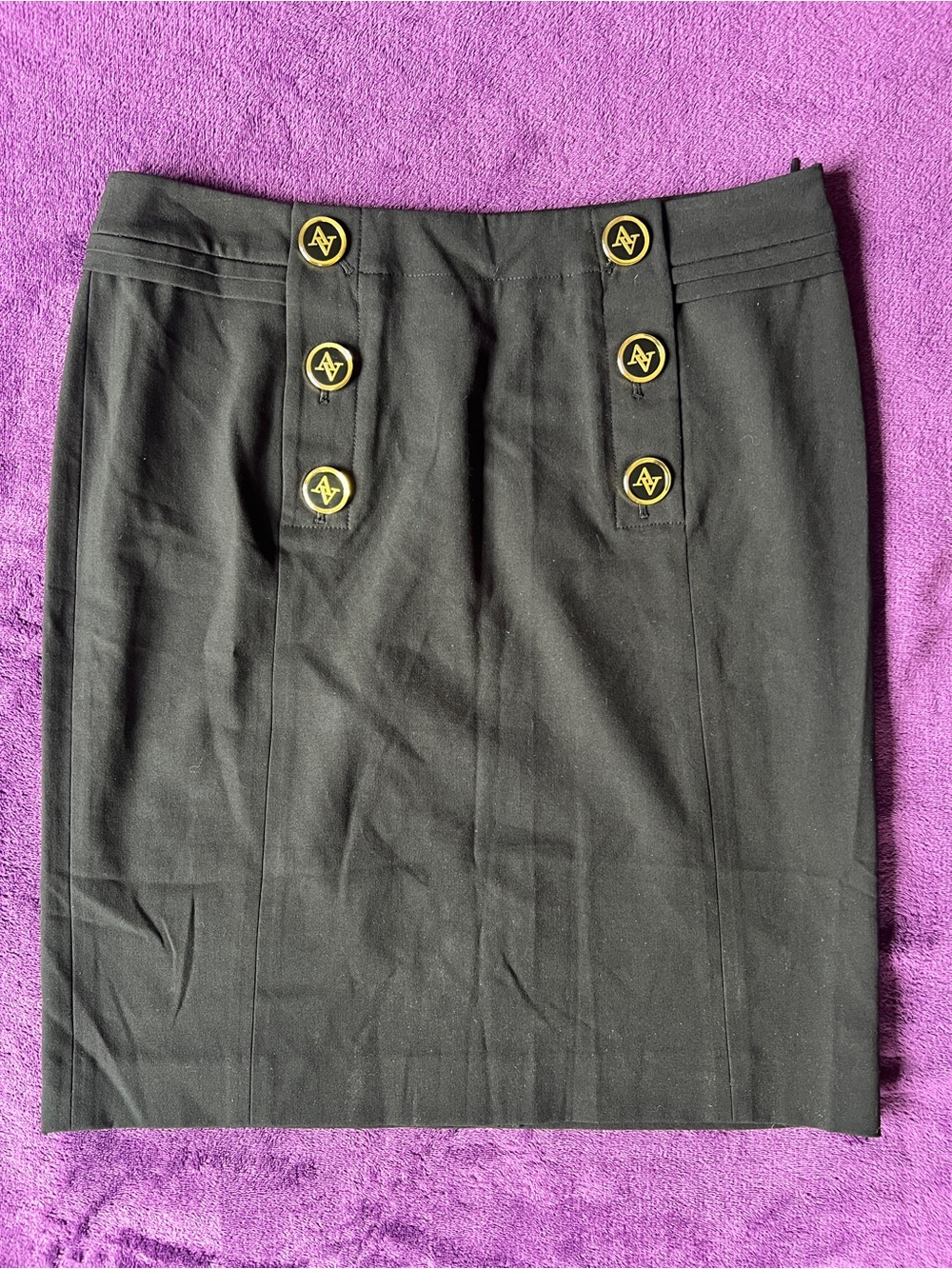 Adrienne Vittadini Black Pencil Skirt with Gold Logo Buttons Size 8